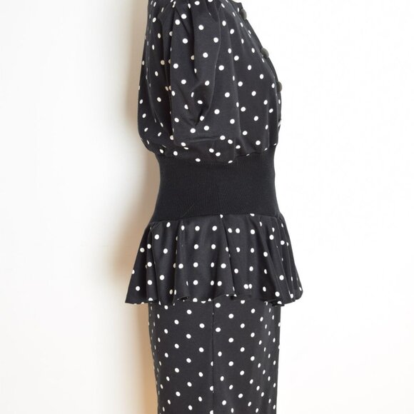 vintage 80s dress black white polka dot print peplum ruffle secretary puff M - Picture 6 of 9